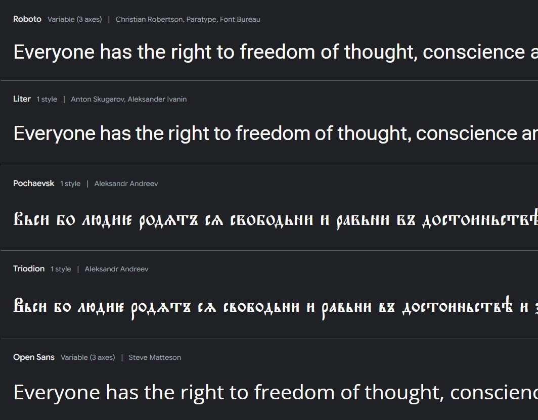 Verschiedene Google Schriftarten von Google Fonts