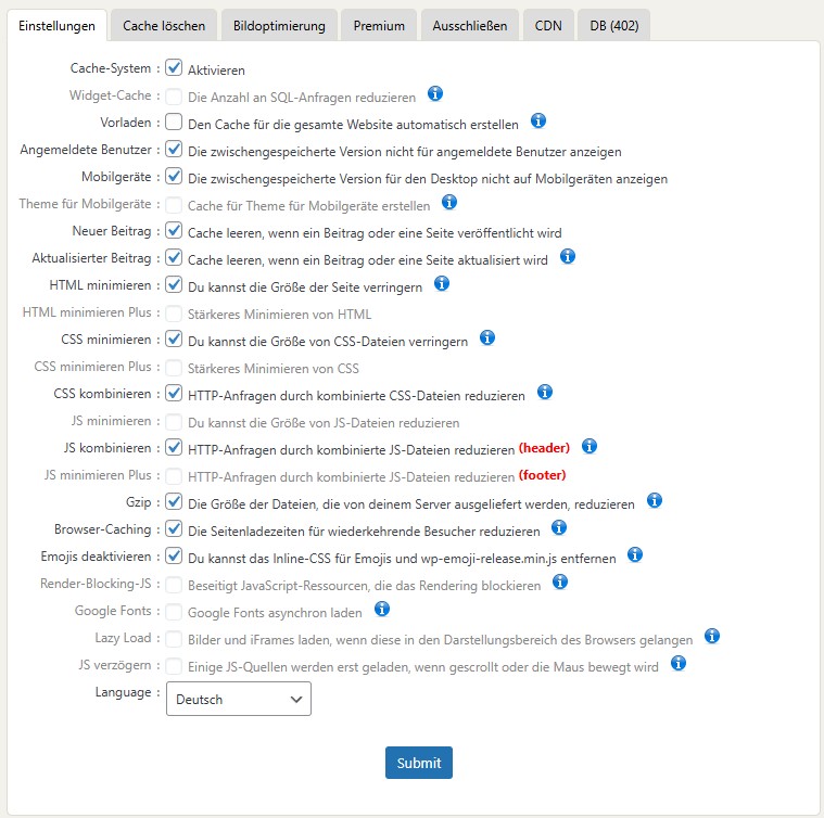 WP Fastest Cache Einstellungen