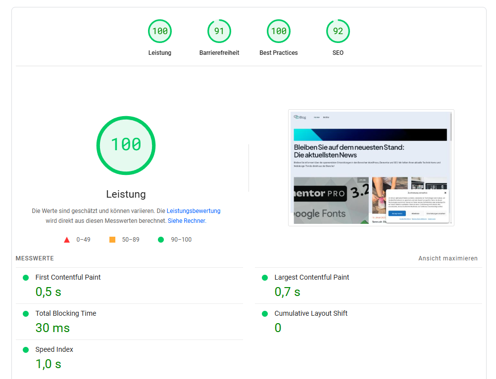 100 / 100 Pagespeed bei Google